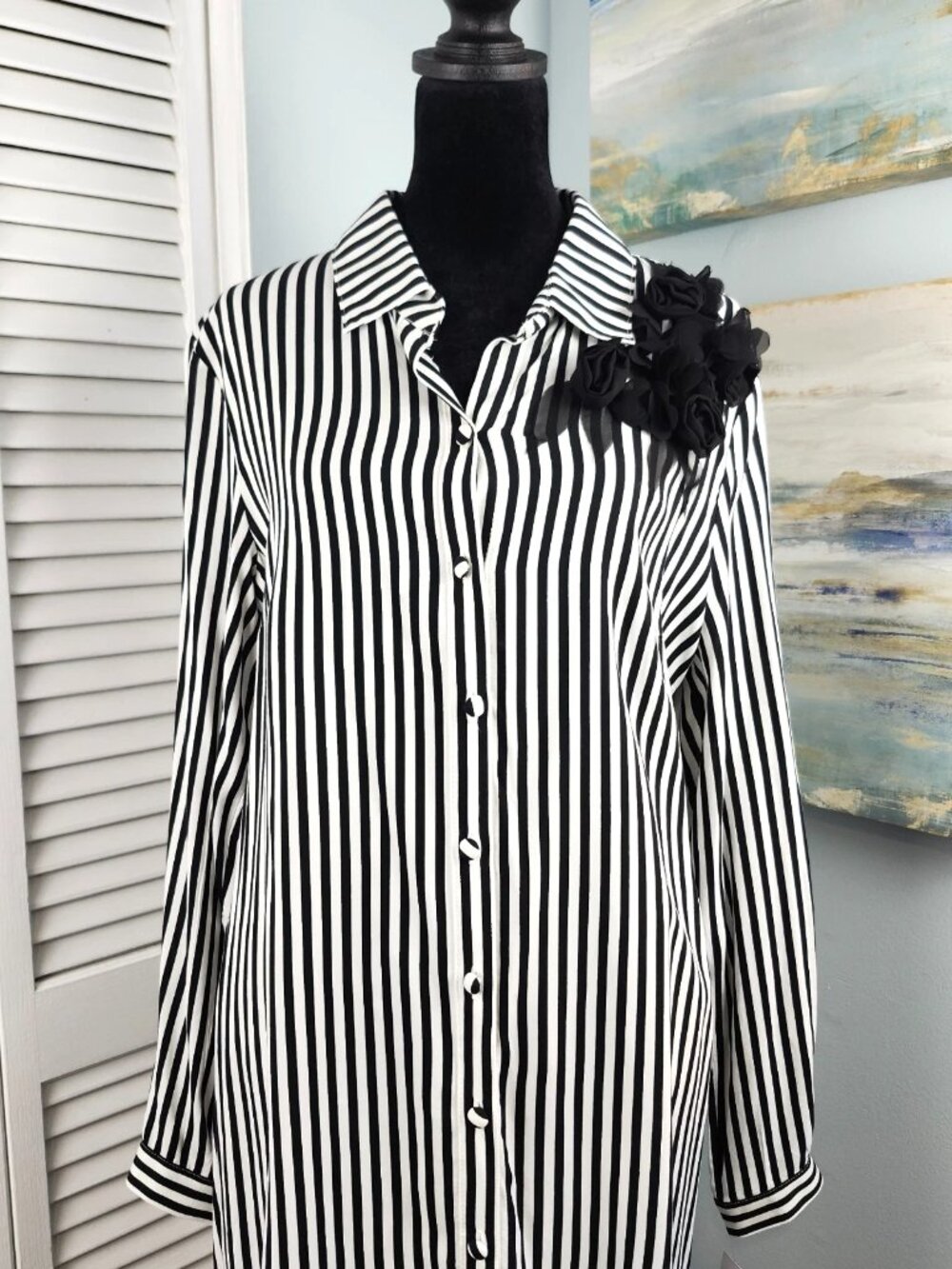 MSK Shirt Dress M Black White Stripe Button Long Sleeve Flower Applique NWT $78 - Picture 2 of 12